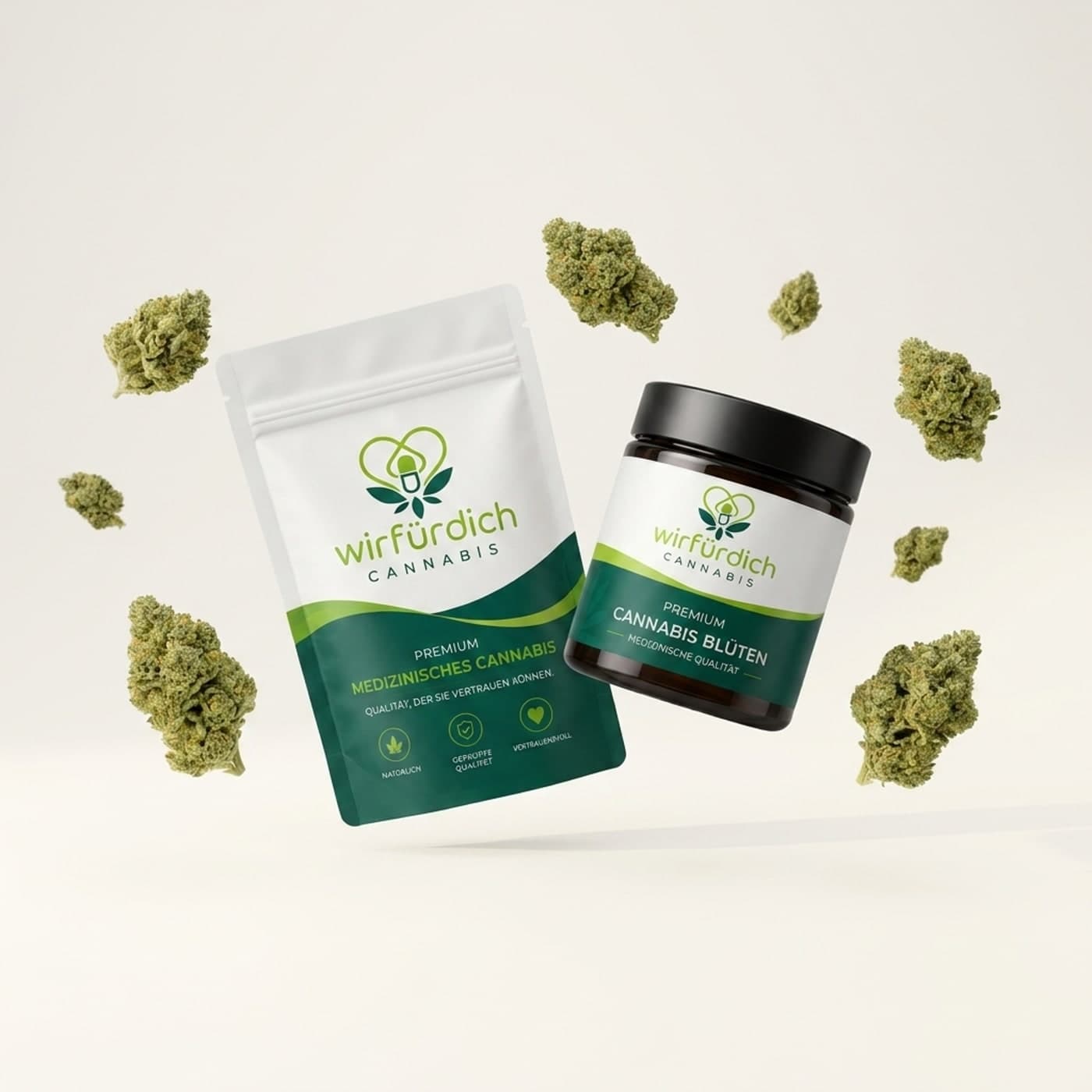 wirfürdich Cannabis Verpackung: Standbeutel und Apothekenglas mit medizinischen Cannabisblüten