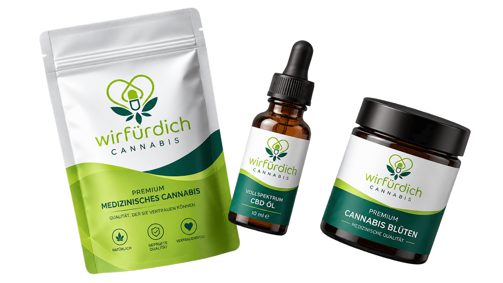 Produkte von wirfürdich Cannabis: Standbeutel Premium Medizinisches Cannabis, Vollspektrum-CBD-Öl und Apothekenglas mit Cannabisblüten