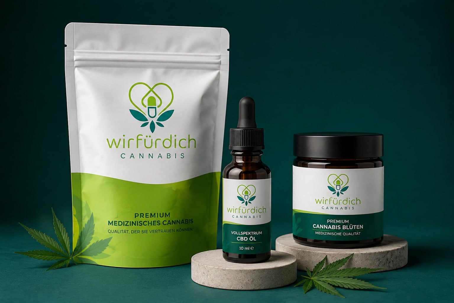 Produkte von wirfürdich Cannabis: Standbeutel, Vollspektrum-CBD-Öl und Apothekenglas mit Cannabisblüten